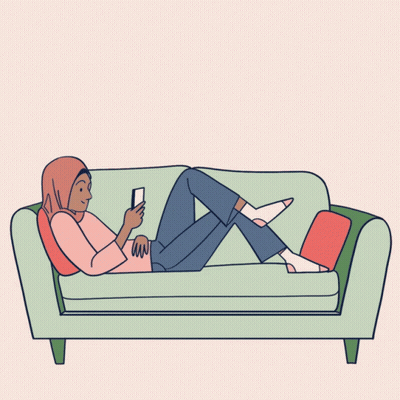 A Woman Is Laying On A Couch With Her Legs Crossed And The Word Relax Above Her GIF