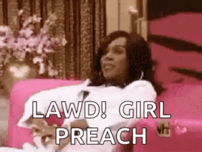 A Woman Is Laying On A Pink Couch With The Words Lawd ! Girl Preach Written On It . GIF