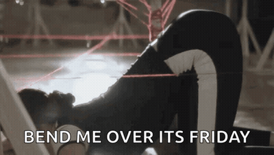 A Woman Is Laying On Her Stomach With The Words `` Bend Me Over Its Friday '' Written On The Bottom . GIF