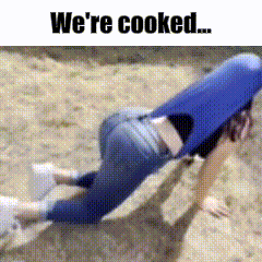 A Woman Is Laying On The Ground With The Words " We 'Re Cooked " Below Her GIF
