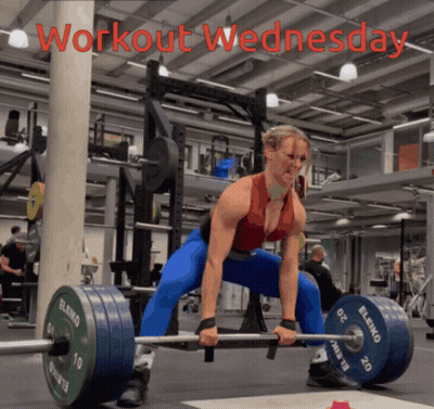 A Woman Is Lifting A Barbell In A Gym And The Words Workout Wednesday Are On The Bottom GIF