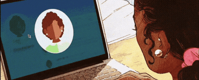 A Woman Is Looking At A Laptop With A Picture Of A Woman On The Screen GIF