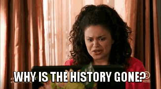 A Woman Is Looking At A Tablet And Says " Why Is The History Gone ? " GIF