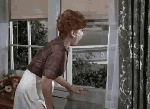 A Woman Is Looking Out A Window In A Living Room . GIF