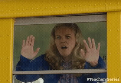 A Woman Is Looking Out Of A Bus Window With #Teachersseries On The Bottom GIF