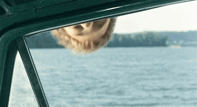 A Woman Is Looking Out Of A Car Window At The Water . GIF
