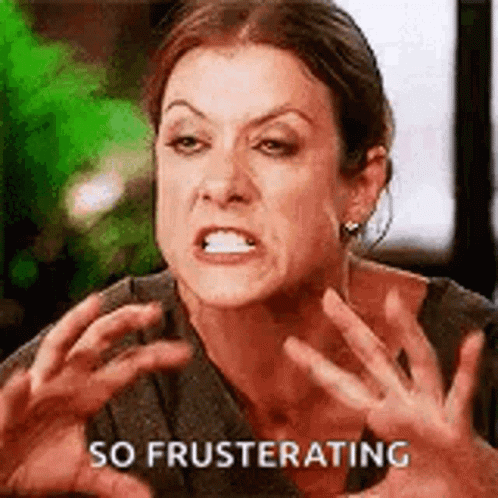 A Woman Is Making A Face And Saying `` So Frustrating '' With Her Hands . GIF