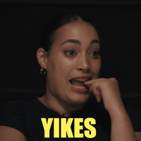 A Woman Is Making A Face And The Word Yikes Is On Her Face GIF