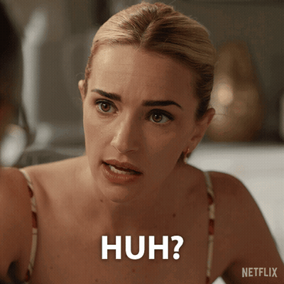 A Woman Is Making A Funny Face And The Words Huh Are On Her Face GIF