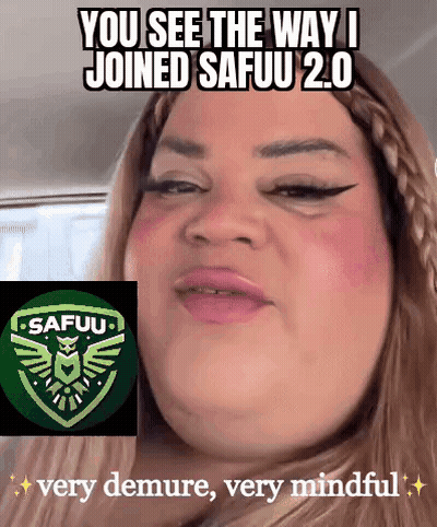 A Woman Is Making A Funny Face In Front Of A Safuu Logo . GIF
