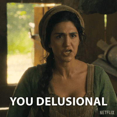 A Woman Is Making A Funny Face With The Words You Delusional On The Bottom GIF