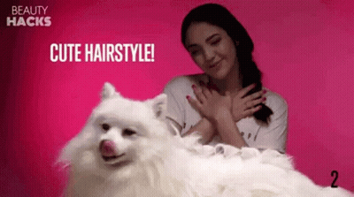 A Woman Is Petting A White Dog With The Words Cute Hairstyle Written On The Bottom GIF