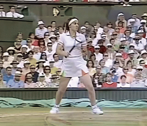A Woman Is Playing Tennis On A Court In Front Of A Crowd Of People . GIF