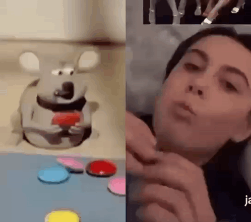 A Woman Is Playing With A Toy Mouse Next To A Picture Of A Mouse On A Table . GIF