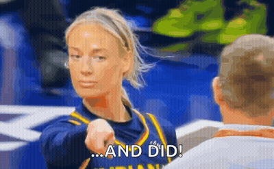 A Woman Is Pointing At A Man With The Words `` And Did '' Written On Her Face . GIF