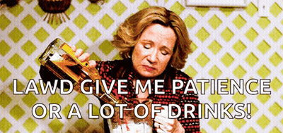 A Woman Is Pouring A Bottle Of Alcohol Into A Glass With The Words Lawd Give Me Patience Or A Lot Of Drinks Below Her GIF