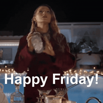 A Woman Is Pouring A Drink Into A Martini Glass With The Words Happy Friday Written On The Bottom GIF