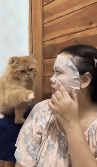 A Woman Is Putting A Face Mask On Her Face While A Cat Looks On GIF