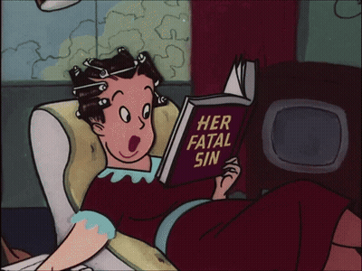 A Woman Is Reading A Book Titled Her Fatal Sin GIF
