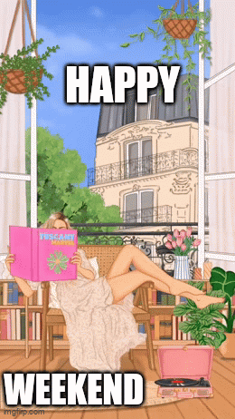 A Woman Is Reading A Magazine On A Balcony And The Words Happy Weekend Are Above Her GIF