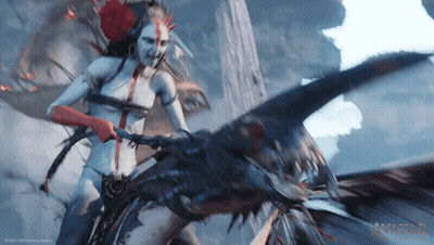 A Woman Is Riding A Dragon In A Video Game Called Avatar GIF