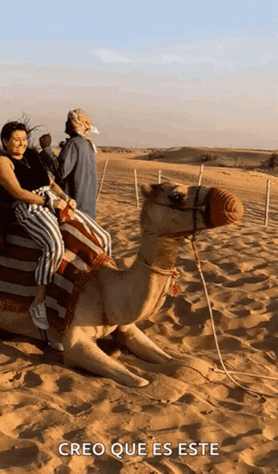 A Woman Is Riding On The Back Of A Camel In The Desert With The Caption Creo Que Es Este GIF