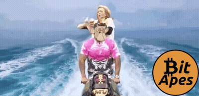 A Woman Is Riding On The Back Of A Man On A Jet Ski With The Words Bit Apes In The Corner GIF