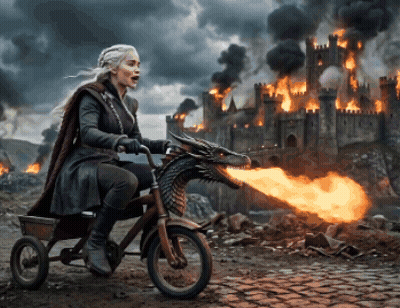 A Woman Is Riding On The Back Of A Tricycle With A Dragon Blowing Fire GIF
