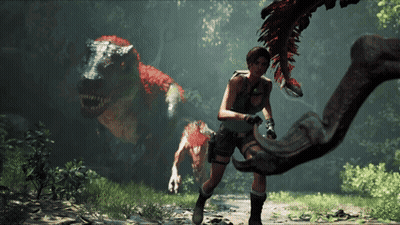 A Woman Is Running Away From A Large Dinosaur GIF