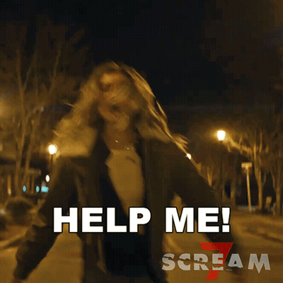 A Woman Is Running Down A Street With The Words Help Me Scream GIF