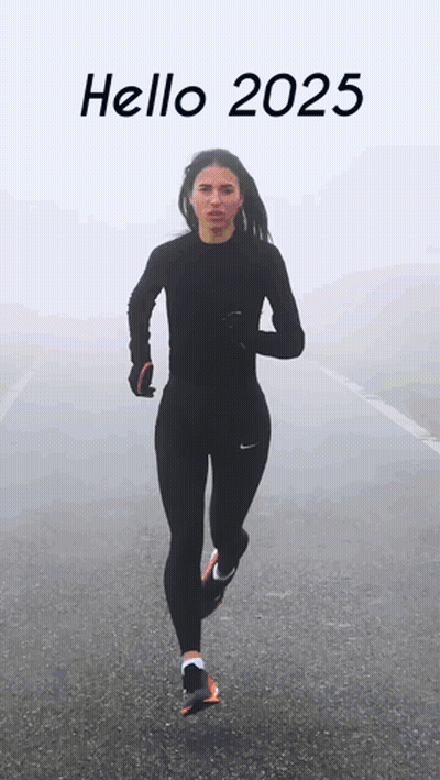 A Woman Is Running On A Road With The Words Hello 2025 Written On The Bottom GIF