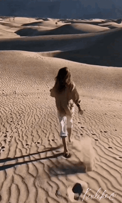 A Woman Is Running Through A Desert With A Ladder In The Sand GIF