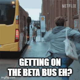 A Woman Is Running Towards A Bus With The Caption " Getting On The Beta Bus Eh ? " GIF