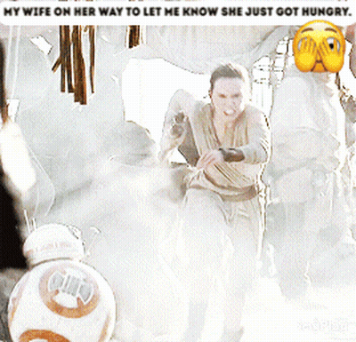 A Woman Is Running With A Bb-8 In The Background And A Caption That Says My Wife On Her Way GIF