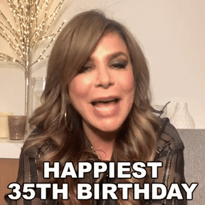 A Woman Is Saying `` Happiest 35Th Birthday '' . GIF