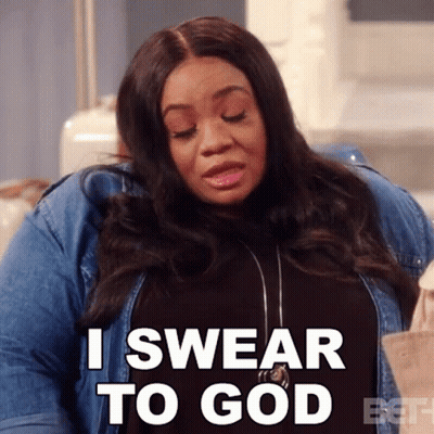 A Woman Is Saying I Swear To God While Wearing A Denim Jacket . GIF