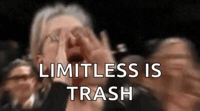 A Woman Is Screaming In A Crowd With Her Mouth Open And The Words `` Limitless Is Trash '' Written On The Screen . GIF
