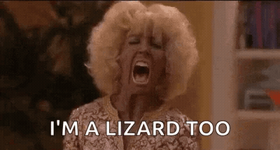 A Woman Is Screaming With Her Mouth Wide Open And The Words `` I 'M A Lizard Too '' . GIF