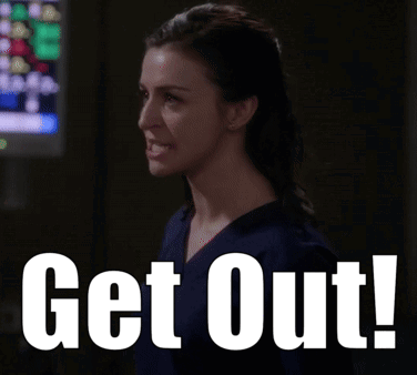 A Woman Is Screaming With The Words Get Out Written In Front Of Her GIF