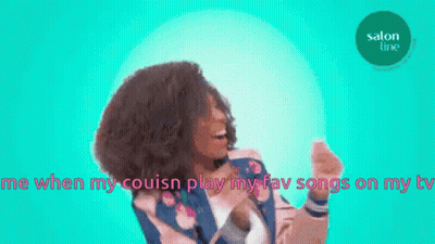 A Woman Is Singing A Song With The Words " Me When My Cousin Play My Fav Songs On My Tv " On The Bottom GIF