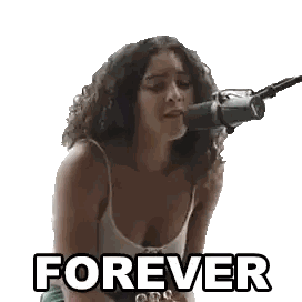 A Woman Is Singing Into A Microphone And The Word Forever Is On The Bottom Sticker