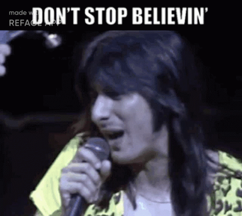 A Woman Is Singing Into A Microphone And The Words `` Do N't Stop Believin '' Are Written Above Her . GIF