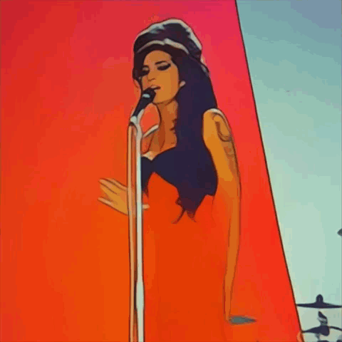 A Woman Is Singing Into A Microphone In Front Of A Red And White Wall GIF