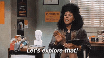 A Woman Is Sitting At A Desk Holding A Clipboard And Saying `` Let 'S Explore That ! `` GIF