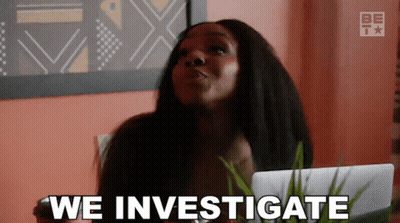A Woman Is Sitting At A Desk With A Laptop And Says We Investigate . GIF