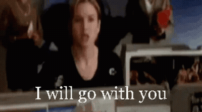 A Woman Is Sitting At A Desk With Her Arms Outstretched And The Words `` I Will Go With You '' Written Above Her . GIF