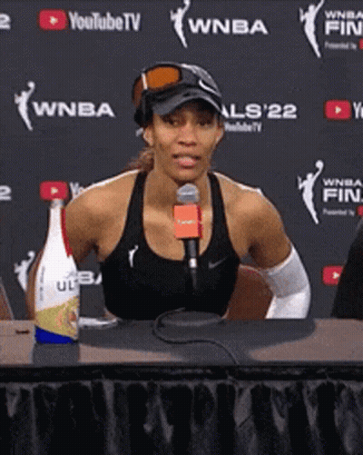 A Woman Is Sitting At A Table With A Microphone In Front Of A Wall That Says Wnba GIF