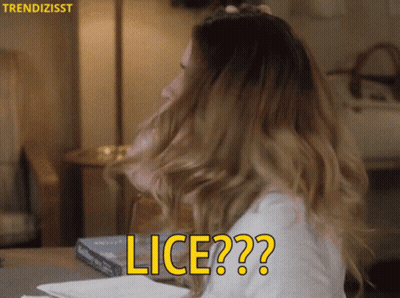 A Woman Is Sitting At A Table With Lice Written On Her Face GIF