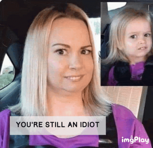 A Woman Is Sitting In A Car With A Picture Of A Little Girl Behind Her That Says " You 'Re Still An Idiot " GIF