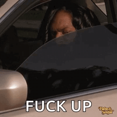 A Woman Is Sitting In A Car With Her Head Out The Window And The Words Fuck Up Written On The Side . GIF